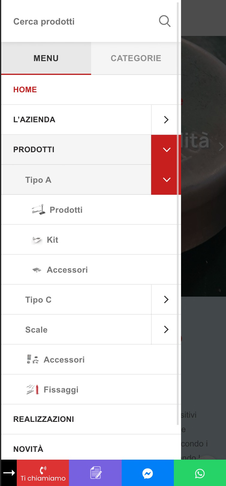Menu di navigazione del sito Rhino linea Vita in versione mobile