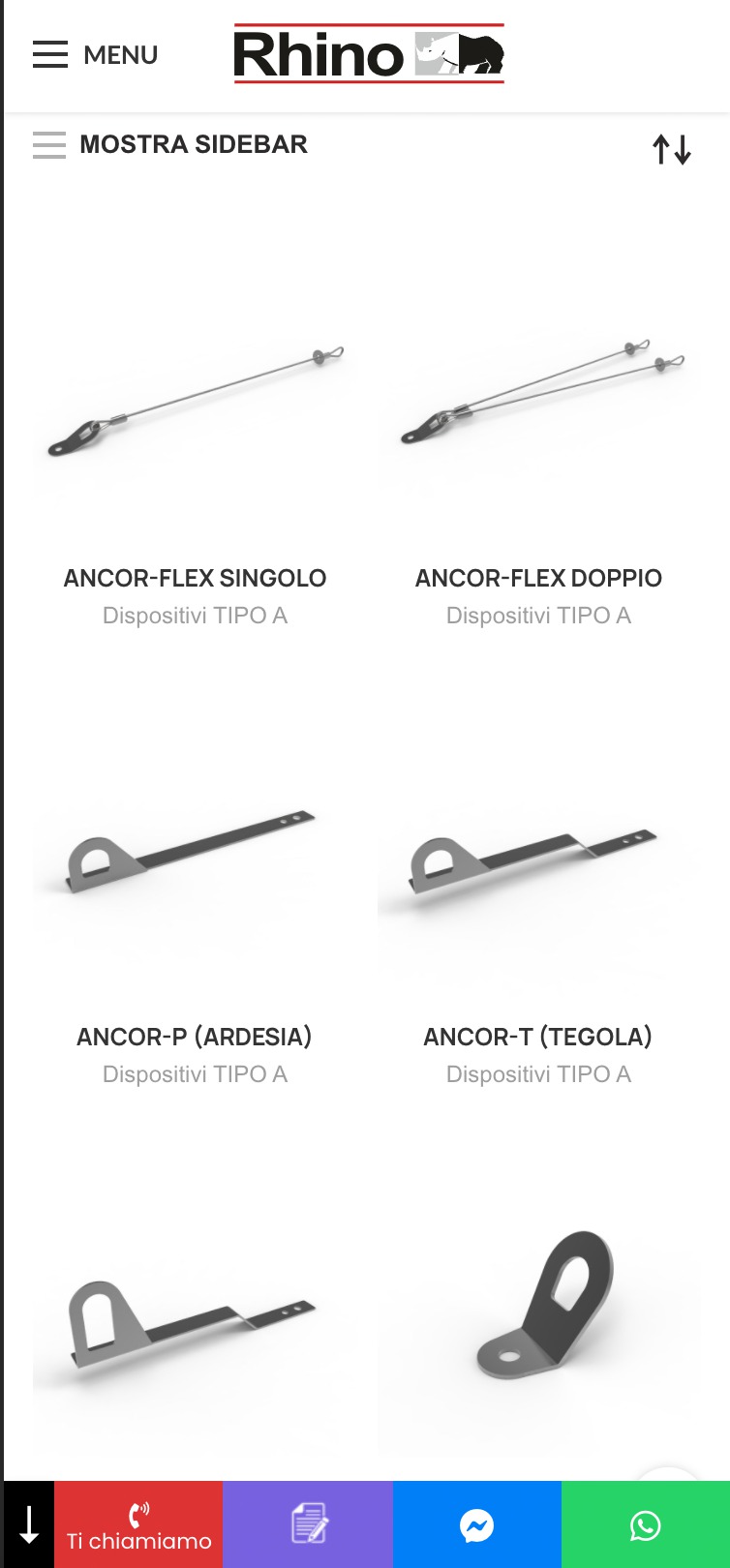 Catalogo prodotti del sito Rhino linea Vita - Un vero e proprio e-commerce per scelta del cliente senza la funzione di acquisto. Vista dei prodotti di Rhino Linea Vita in versione mobile