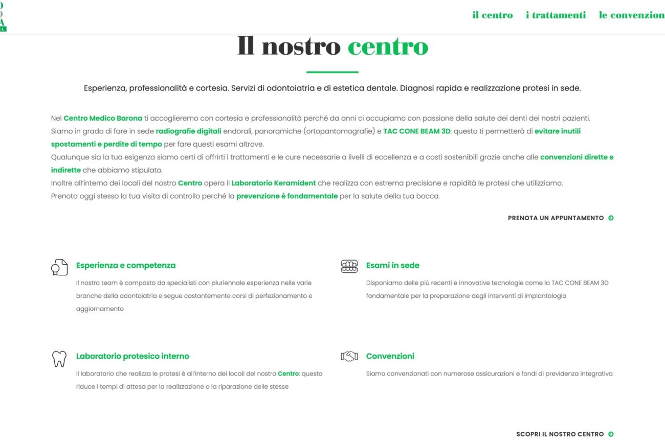 Screenshot home page sezione il nostro centro - centro medico barona servizi di odontoiatria