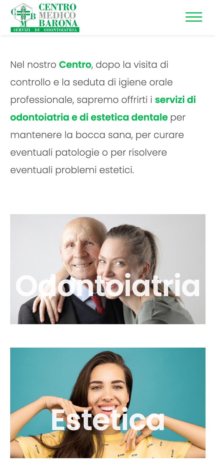 Screenshot home page versione mobile sezione che rimanda ai trattamenti centro medico barona servizi di odontoiatria