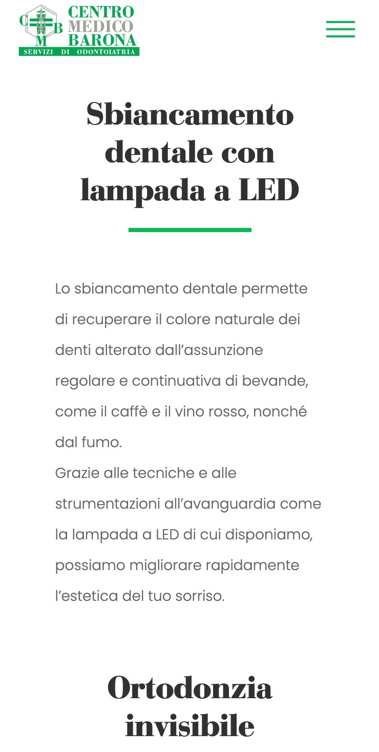 Screenshot pagina trattamenti mobile centro medico barona servizi di odontoiatria