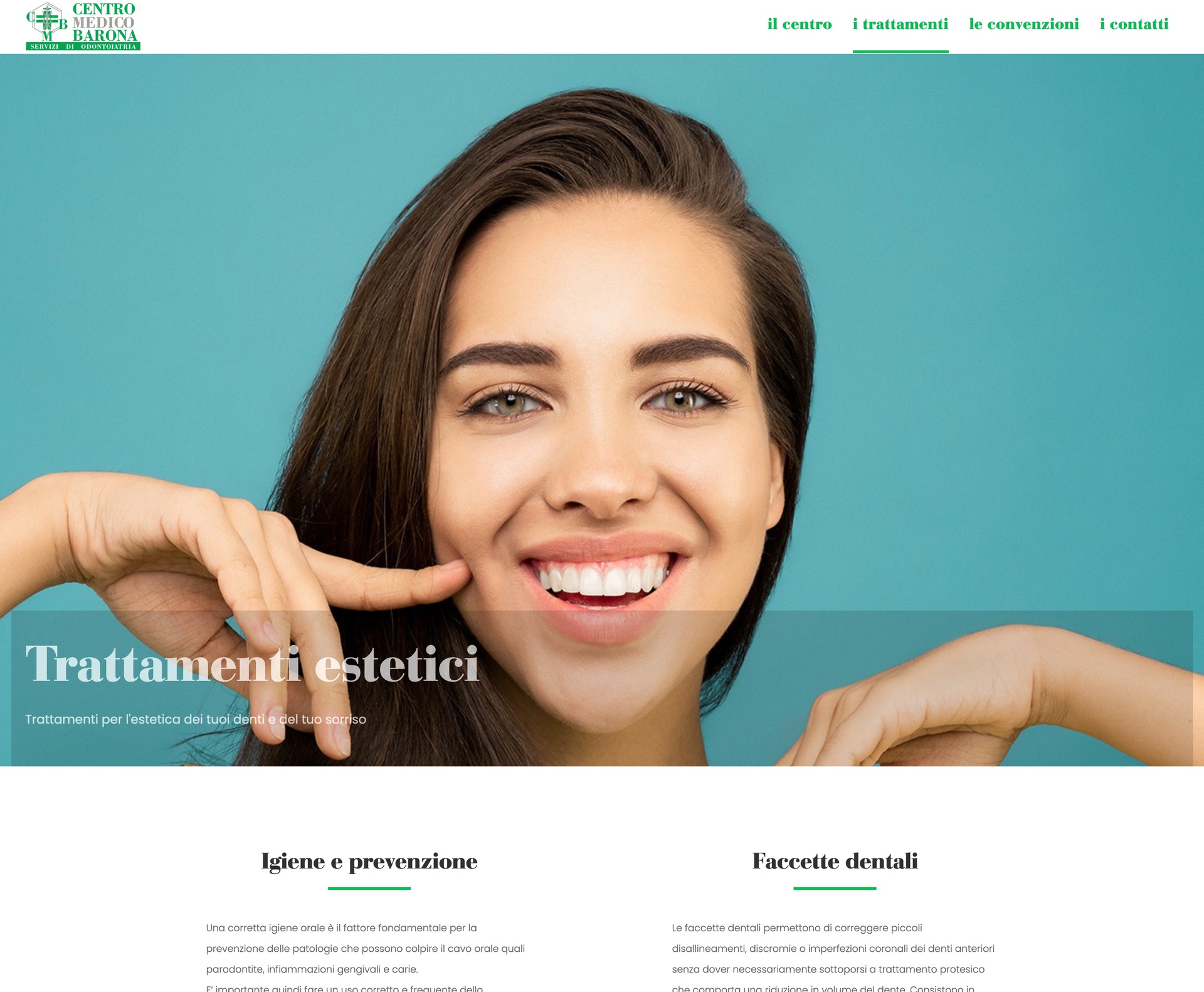 Screenshot pagina trattamenti estetici dentali - centro medico barona servizi di odontoiatria
